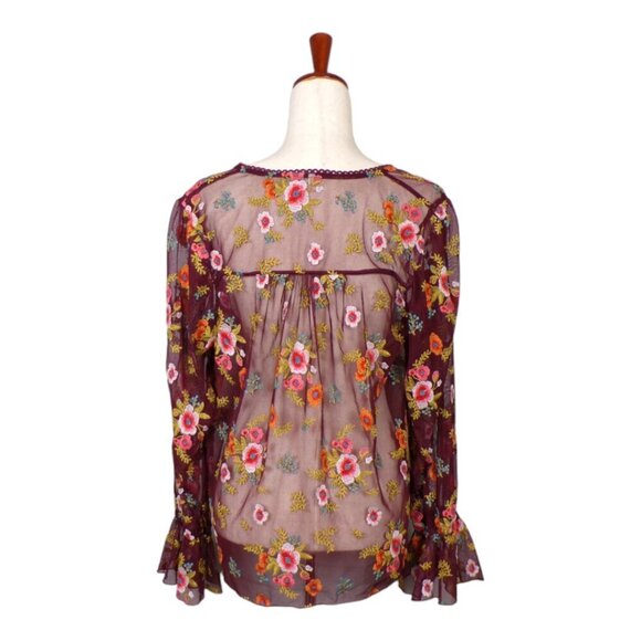 Anthropologie Feather & Bone Floral Embroidered Sheer Mesh Blouse Size M #984 - Picture 3 of 4